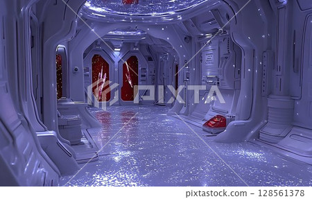 Futuristic spaceship corridor interior purple and white sci fi design Futuristic spaceship corridor interior purple and white sci fi design 128561378