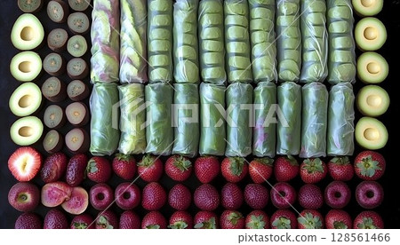 Vibrant fruit and vegetable spring rolls flatlay 128561466