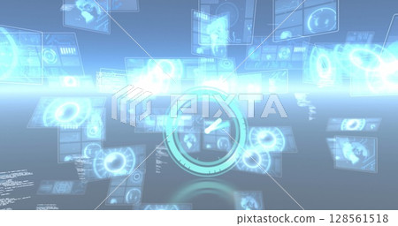 Neon digital clock ticking against multiple round scanners and data processing on blue background Neon digital clock ticking against multiple round scanners and data processing on blue background 128561518