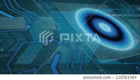 Image of scope scanning and data processing on screens over computer circuit board 128561564