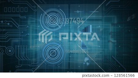 Image of scopes scanning, numbers changing and data processing 128561566