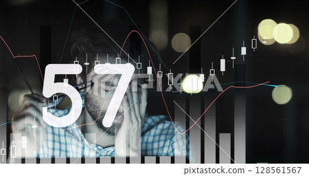 Image of numbers changing over statistics and tired man 128561567