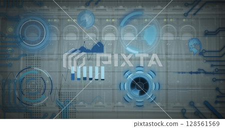 Image of scope scanning and data processing on screens over computer server and circuit board 128561569