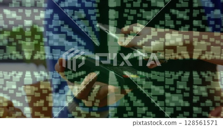 Image of network security padlock over people using payment terminal 128561571