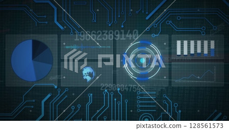 Image of scope scanning and data processing on screens over computer circuit board Image of scope scanning and data processing on screens over computer circuit board 128561573