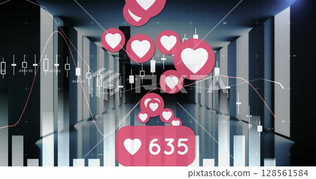 Image of financial data processing and social media heart icons over servers Image of financial data processing and social media heart icons over servers 128561584