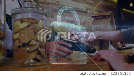 Image of network security padlock over people using payment terminal Image of network security padlock over people using payment terminal 128561593