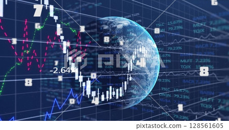 Image of financial data processing and globe on digital screen 128561605