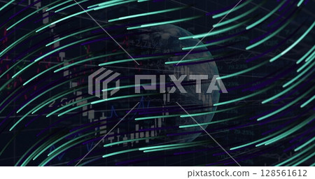 Image of financial data processing green light trails and globe Image of financial data processing green light trails and globe 128561612