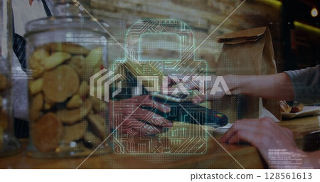 Image of network security padlock over people using payment terminal 128561613