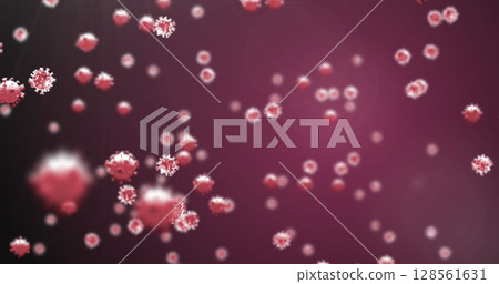 Image of macro covid 19 cells over red background 128561631