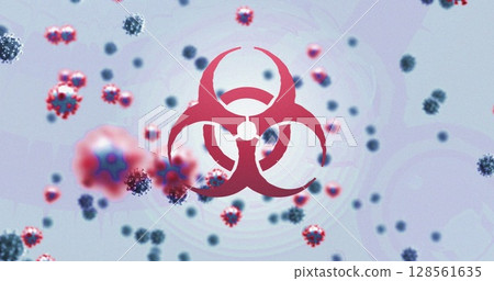 Image of biohazard symbol and covid 19 cells over grey background Image of biohazard symbol and covid 19 cells over grey background 128561635