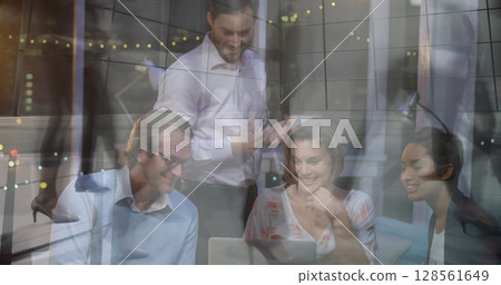 Image of busy city street over business meeting 128561649