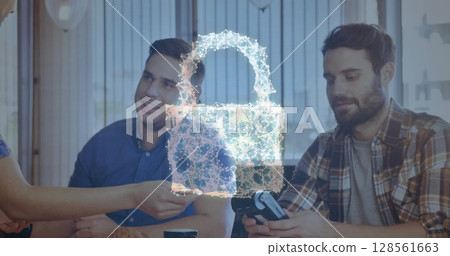 Image of network security padlock over people using payment terminal 128561663