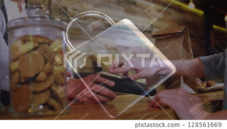 Image of network security padlock over people using payment terminal Image of network security padlock over people using payment terminal 128561669