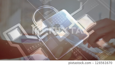 Image of network security padlock over people using payment terminal Image of network security padlock over people using payment terminal 128561670