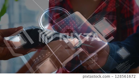 Image of network security padlock over people using payment terminal 128561672