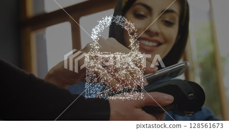 Image of network security padlock over people using payment terminal 128561673