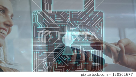 Image of network security padlock over people using payment terminal 128561677