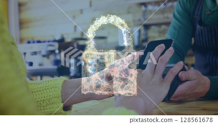 Image of network security padlock over people using payment terminal Image of network security padlock over people using payment terminal 128561678