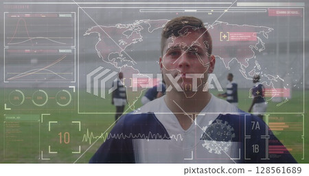 Soccer player on field with digital interface overlay, analyzing performance data Soccer player on field with digital interface overlay, analyzing performance data 128561689