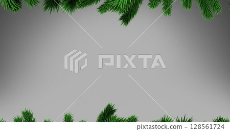 Green christmas tree branches with copy space on grey background 128561724
