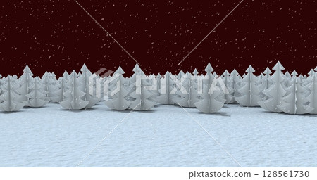 Image of snow falling over white fir trees and winter landscape Image of snow falling over white fir trees and winter landscape 128561730