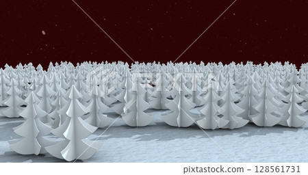 Image of snow falling over white fir trees and winter landscape 128561731
