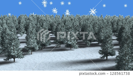 Multiple trees on winter landscape over snowflakes falling against blue background 128561738