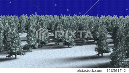 Image of snow falling over fir trees and winter scenery 128561742