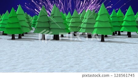 Multiple trees icons on winter landscape over purple light trails bursting against blue background 128561745