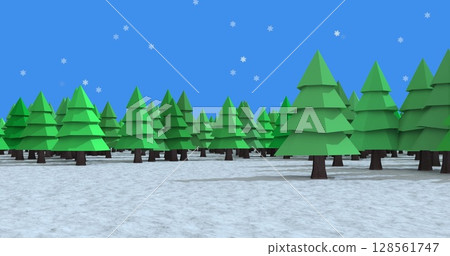 Image of snow falling over fir trees and winter scenery Image of snow falling over fir trees and winter scenery 128561747