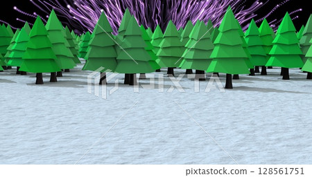 Multiple trees icons on winter landscape over purple light trails bursting against blue background Multiple trees icons on winter landscape over purple light trails bursting against blue background 128561751