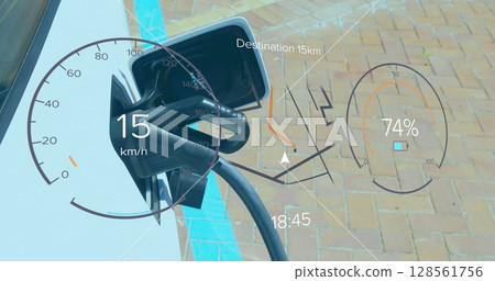 Image of interface with charging battery icon and speedometer over car 128561756