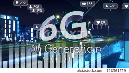 Image of 6g text over data processing and cityscape 128561759