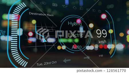 Image of interface with charging battery icon and speedometer over road 128561770