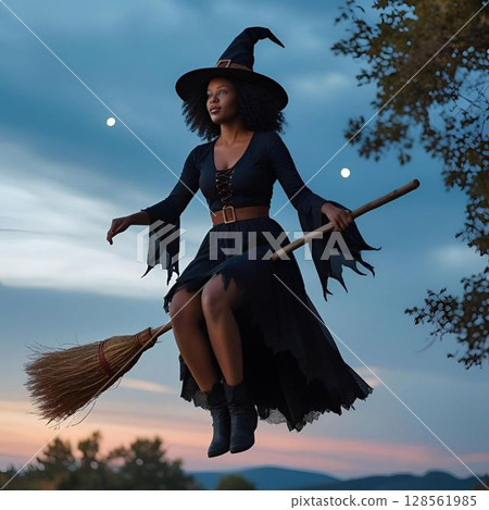 A witch flying on a magic broom at dusk 128561985