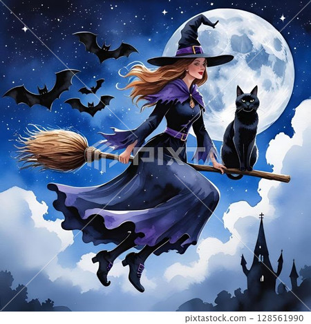 女巫和黑貓在月光下騎著魔法掃帚飛行 女巫和黑貓在月光下騎著魔法掃帚飛行 128561990