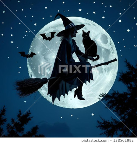 一隻貓和一個女巫在月光下騎著魔法掃帚飛行 128561992