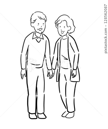 Monochrome illustration of happy senior men and women smiling and holding hands 128562087