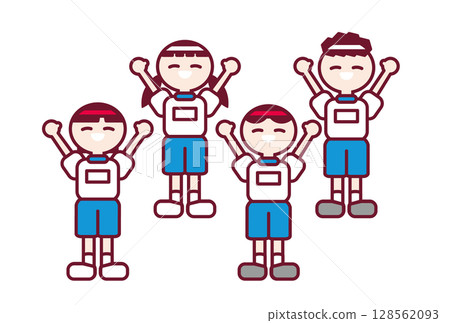 Children doing gymnastics at a sports day, divided into white and red teams 128562093