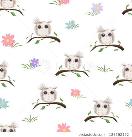 Seamless pattern with cute beige owls on branches and colorful flowers 128562132