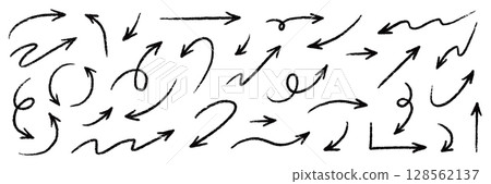 Arrow vector line icon set. Hand drawn brush sketch arrow line curve up, down shape chalk texture element set. Abstract grunge scribble chalk crayon style. Vector 128562137