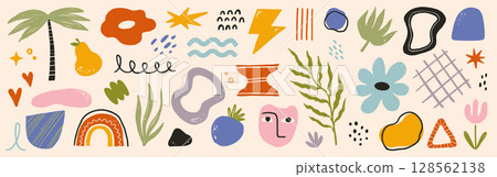 Shape abstract vector graphic icon set. Abstract graphic summer modern art element, flower doodle, geometric collage background. Trendy crayon scribble pastel texture. Vector 128562138