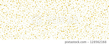 Golden star confetti seamless pattern. Gold glitter sparkle repeated background. Yellow shiny confetti repeat wallpaper. Christmas, New Year, wedding or birthday party celebration backdrop. Vector Golden star confetti seamless pattern. Gold glitter sparkle repeated background. Yellow shiny confetti repeat wallpaper. Christmas, New Year, wedding or birthday party celebration backdrop. Vector 128562168