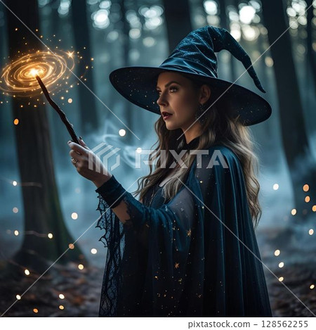女巫在森林裡用魔杖施法的照片風格插圖 128562255