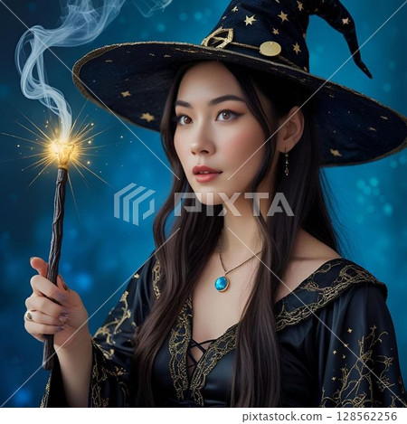 Photo-style illustration of a witch casting a spell with a magic wand 128562256