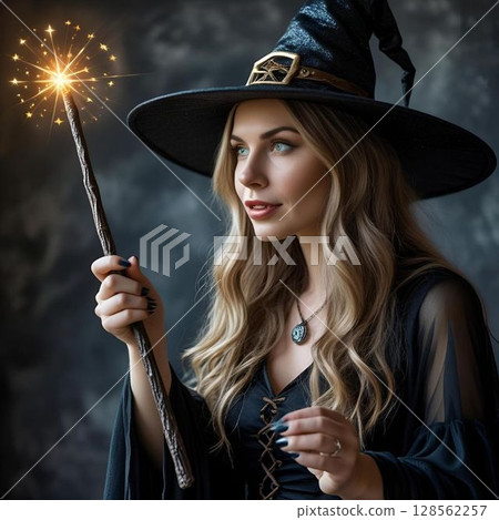 Photo-style illustration of a witch casting a spell with a magic wand 128562257