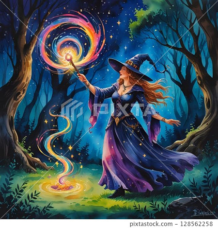 Illustration of a witch casting spells with a magic wand in the forest 128562258