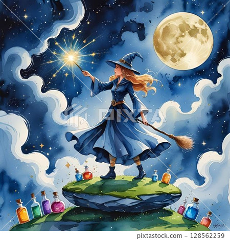 Illustration of a witch casting spells with a magic wand on a moonlit night 128562259